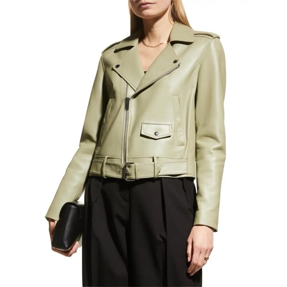 NWOT Theory Light Sage Green 100% Lamb Leather Belted Casual Moto Jacket Small